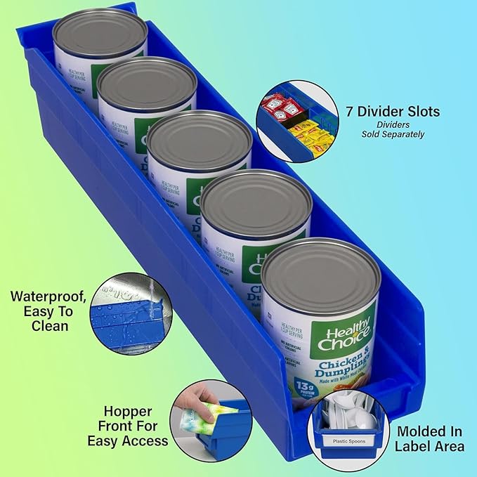 Akro-Mils 30128 Plastic Shelf Bins, Heavy Duty Storage Bins for Garage, Closet, and Drawer Organization, 18-Inch x 4-Inch x 4-Inch, Blue, 12-Pack