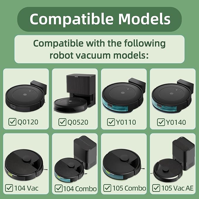 Accessories Kit Compatible with iRobot Roomba 104/105 Vac & Combo, Essential Q0120, Q0520, Y0110, Y0140, Q011 Robot Vacuum Replacement Parts,2 Main Brush, 8 Side Brush, 8 HEPA Filter (18 Pack)