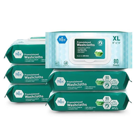 MED PRIDE Extra Soft XL Premoistened Disposable Adult Washcloths 8” X 12” Bath Wipes for Sensitive Skin with Aloe Vera, Case of 480 (80ct, Pack of 6)