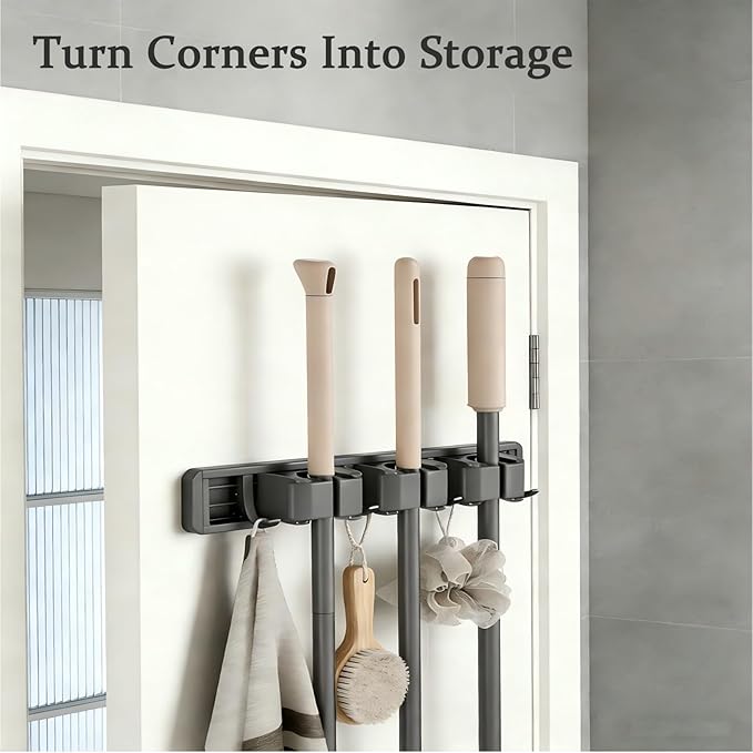 Broom Holder Wall Mount with Adjustable Hooks, Mop Organizer Rack for Narrow Space, Mop and Broom Hanger Wall Mount for Organizing in Kitchen, Garage, Laundry Room, 3 Racks 4 Hooks, Gray