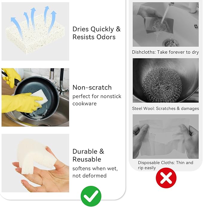 6 Pcs Kitchen Sponges for Dishes Cleaning, Non Scratch for Non Stick Cookware, Compressed Natural Cellulose Sponges, Dish Washing Scrubbers, Scrubbing Pads for Household, Bathroom (White)