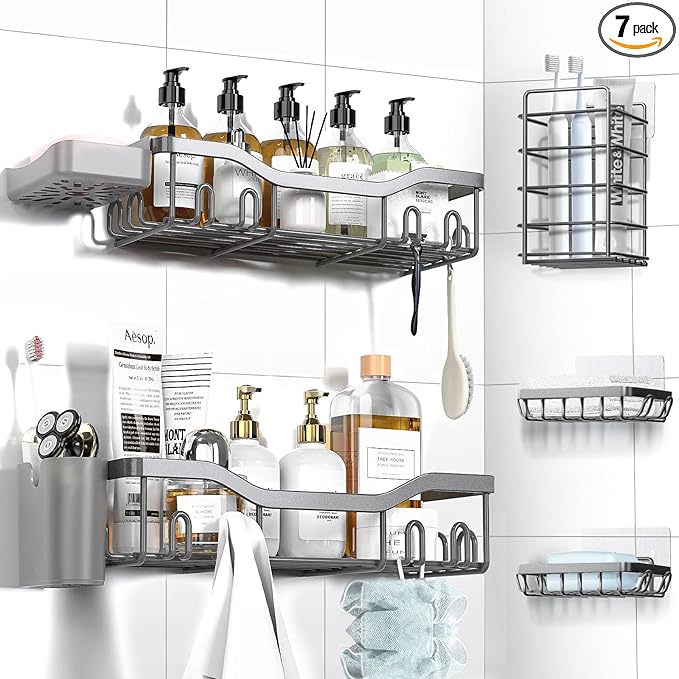 Shower Caddy Adhesive Shower Organizer 7-Pack, Rustproof Stainless Steel Bathroom Shelves, Large Capacity No-Drill Rack Storage Accessories with Soap Dish Toothbrush Holder Hooks
