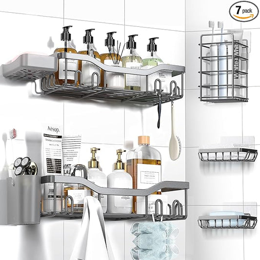 Shower Caddy Adhesive Shower Organizer 7-Pack, Rustproof Stainless Steel Bathroom Shelves, Large Capacity No-Drill Rack Storage Accessories with Soap Dish Toothbrush Holder Hooks