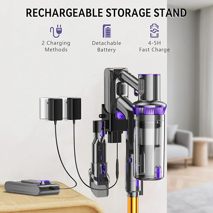 Cordless Vacuum Cleaner, 450W 48KPA Suction Power, 50 Minutes Runtime, Rechargeable Stick Vacuum for Carpet, Tile, Pet Hair, Hardwood Floors,Purple