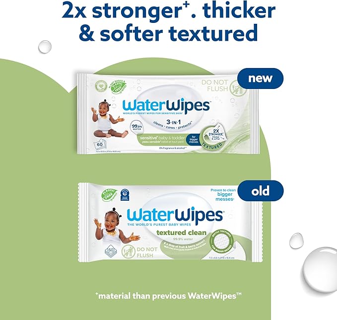 WaterWipes Sensitive+ Baby & Toddler Wipes, 3-In-1 Cleans, Cares, Protects, 99.9% Water, Textured Clean, Unscented & Hypoallergenic, 60 Count (1 Pack)