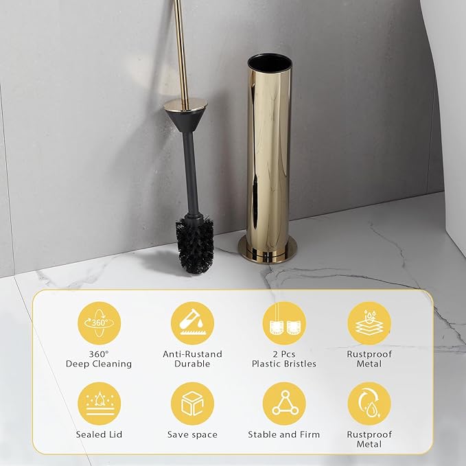 BGL Toilet Brush and Holder Set, Heavy Duty 304 Stainless Steel, Round Base and Long Handle for Bathroom Deep Cleaning, Drip-Proof, Space Saving for Storag, Gold