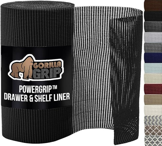 GORILLA GRIP powerGRIP Drawer Shelf and Cabinet Liner, Thick Strong Hold, Non-Adhesive Liners Protect Kitchen Cabinets and Cupboard, Bathroom Drawers, Easy Install, Breathable Mat, 17.5" x20', Black