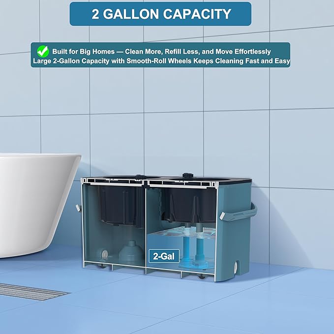 Gen 1 Large-Capacity Spin Mop and Bucket – for Big Homes & Deep Cleaning Days,4-Chamber System Separates Dirty & Clean Water, 2-GAL Heavy-Duty Design with Wheels & 6 Refill Mop Heads - Blue/Grey