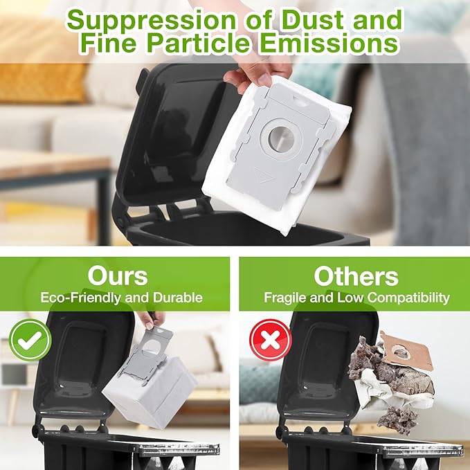 12 Pack Vacuum Bags for iRobot Roomba, Effective Dust Filtration, Compatible with i3+ i4+ i5+ i6+ j6+ i7+ j7+ i8+ J8+ J9+ s9+ 104 105 405 505 705 Combo & All Clean Base Auto Dirt Disposal bag