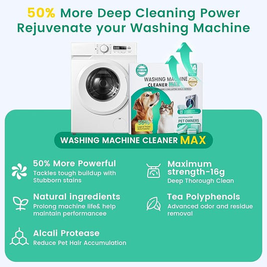 Upgrade Washing Machine Cleaner Tablets - 50% Stronger Formula: 24 Pack - 12 Month Supply, Specially for Pet Owners to Easy Pet Hair Remover for Laundry, Compatible with HE, Top & Front Load