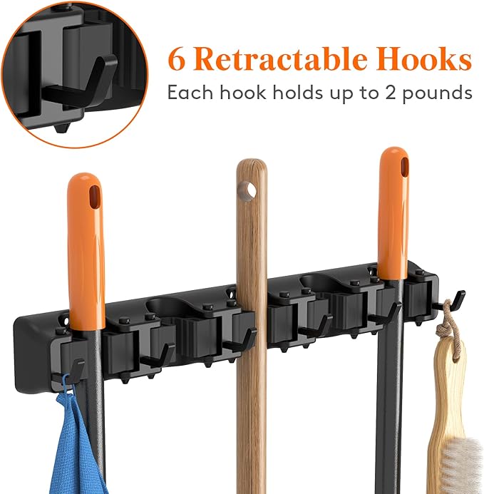 Lifewit Mop and Broom Holder Wall Mount, Anti-Slip Broom Hanger for Cleaning Supplies Organizer, Easy Install Tool Hanging Rack for Closet, Kitchen, Garage, 5 Slot 6 Hooks, Hold 30lbs, Black, 2 Pack