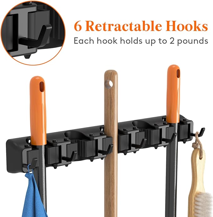 Lifewit Mop and Broom Holder Wall Mount, Anti-Slip Broom Hanger for Cleaning Supplies Organizer, Easy Install Tool Hanging Rack for Closet, Kitchen, Garage, 5 Slot 6 Hooks, Hold 30lbs, Black, 1 Pack