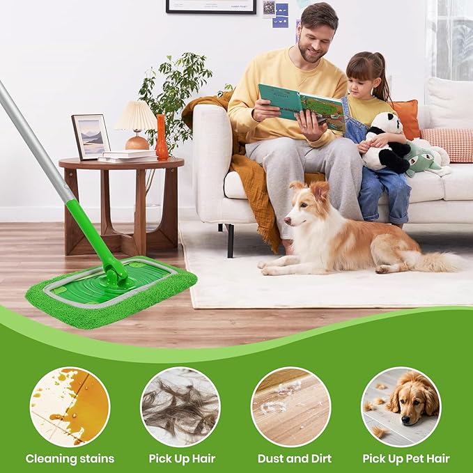 6 Pack Reusable Microfiber Mop Pads - Compatible with Sweeper, Reusable Mop Pads, Washable Dry Cloths & Wet Pads Refill for Hardwood Laminate Tile Floor Cleaning (6, Green, M)