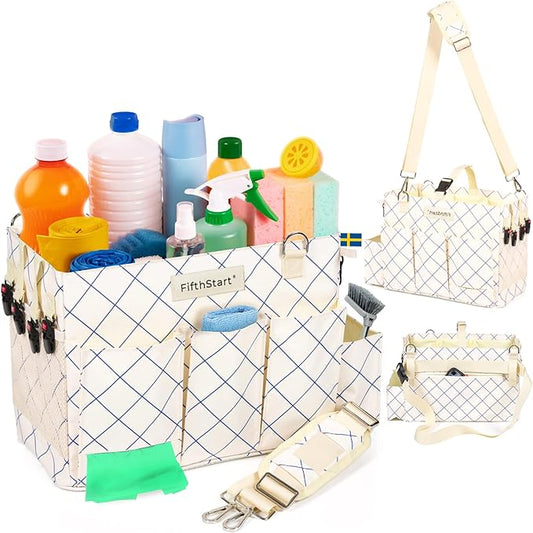 FifthStart Cleaning Caddy for Cleaning Supplies - Large Cleaning Bag Organizer Tote with Shoulder Strap, Mesh Base & Adjustable Dividers - Heavy Duty Cleaning Bags for Housekeepers (Blue Check, Large)