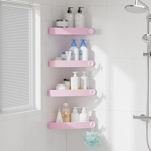 Sotfamily Plastic Shower Caddy Corner (For 90° Only), 4 Pack Adhesive Corner Shower Shelves for Bathroom Organizers and Storage, Pink