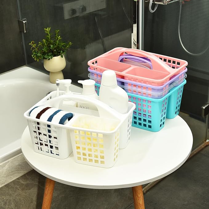 ALINK Plastic Shower Caddy Basket with Compartments, Portable Divided Cleaning Supply Storage Organizer with Handle for College Dorm Bathroom - White