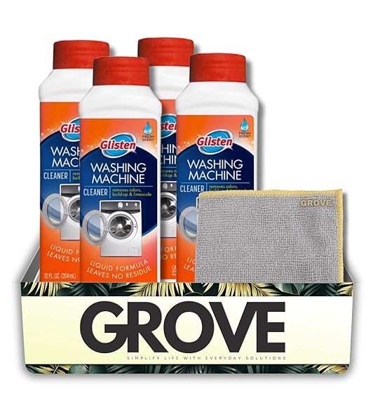 4x Washing Machine Cleaner 12 oz Bundle with Microfiber Cloth– Cleans Residue, Odors, and Mineral Buildup in HE and Standard Washers– Laundry Machine Cleaner and Deodorizer– Gift Set (5 Items)