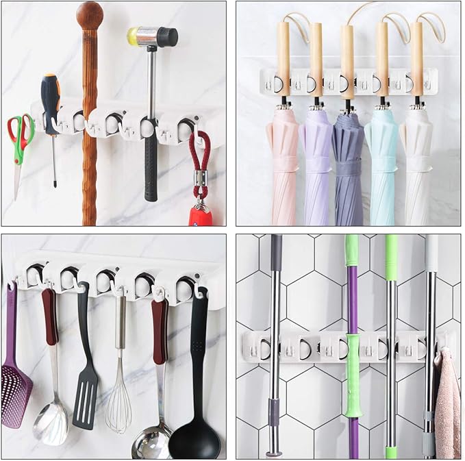 Tangkula Wall Mount Mop Broom Holder, Hanging Broom Organizer w/ 5 Slots & 6 Hooks, Home Storage Organizer Rack, Hanging Utility Rack for Home, Kitchen, Garage, Laundry (White)