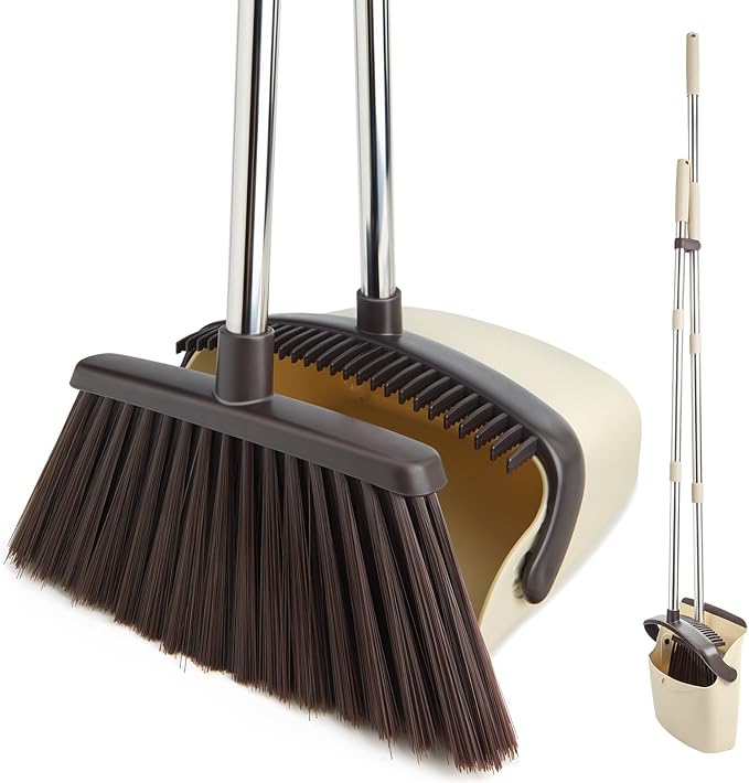 Broom and Dustpan Set with Long Handle, Heavy Dust Broom and Dustpan Combo for Home，Kitchen, Office, Pet Hair(Beige)