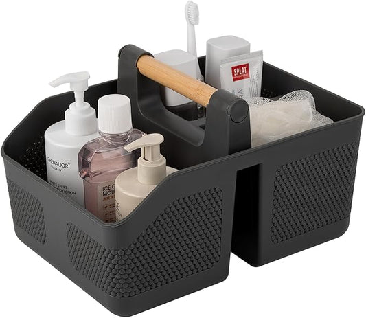 rejomiik Shower Caddy Portable with Bamboo Handle, Plastic Basket Cleaning Caddy Organizer Storage Tote for Bathroom, College, Dorm Room Essentials, Dark Gray