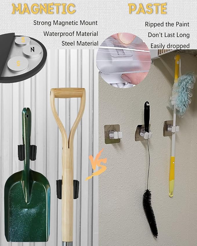 Magnetic Broom Holder, Steel Mop Mount No Drilling Magnetic Holder for Garage Tools, Anti-Slip Utility Mount for Garage, Kitchen, Laundry Tools Organizer and Management - 5 Pack/Black