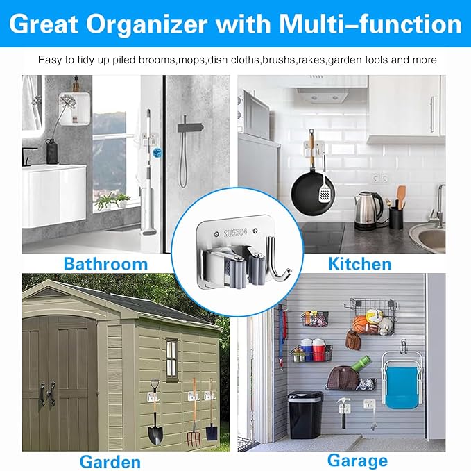 5 Pack Mop Broom Holder Wall Mount Screw Drilling, Stainless Steel Heavy Duty Organizer Hanger Tool Rack for Bathroom Kitchen Garage Laundry Office, Silver