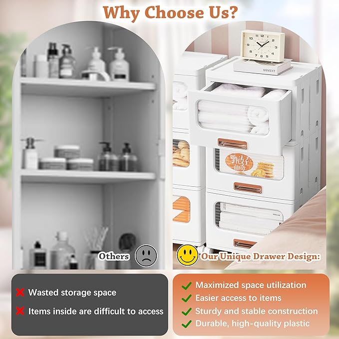 VECELO Stackable Storage Drawers Cabinet with Wheels, Storage Bins Pull Out, Waterproof Drawer Closet Organizer, Multi-Tier Stackable Design for Bedroom/Livingroom/Bathroom, Medium, 3-Tier