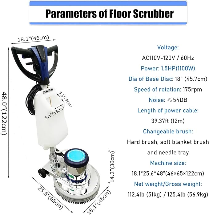 Commercial Floor Cleaning Machine 18" Floor Cleaner and Polisher Industrial Ground Scrubber Buffer Heavy Duty Carpet Cleaner with Three Brushes for Cleaing, 110V