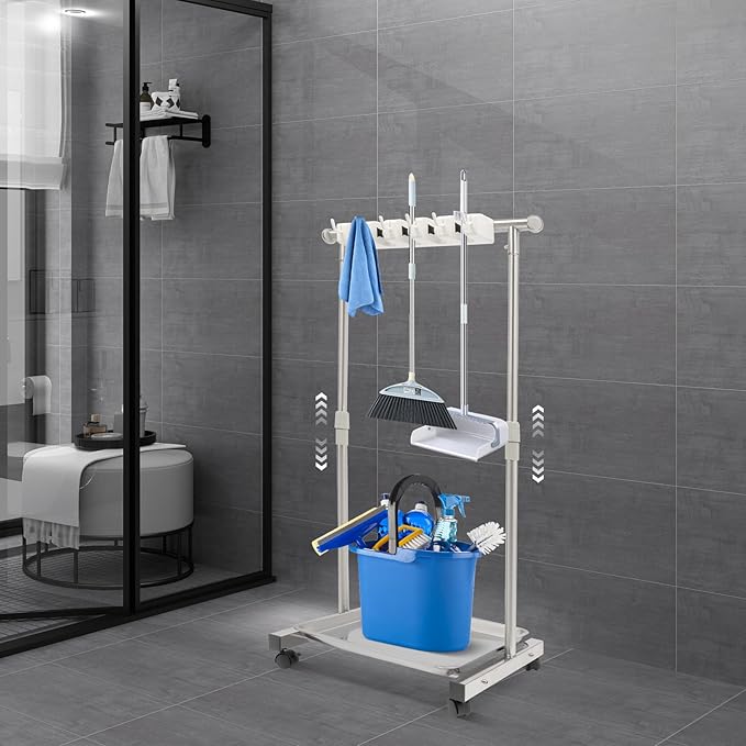 Broom Holder, Broom Rack Mop Rack Stand Cart, Stainless Steel Movable Floor Standing Cleaning Tool Rack, Cleaning Supplies Organizer for Schools, Hospitals, Factories, Hotels, Restaurant