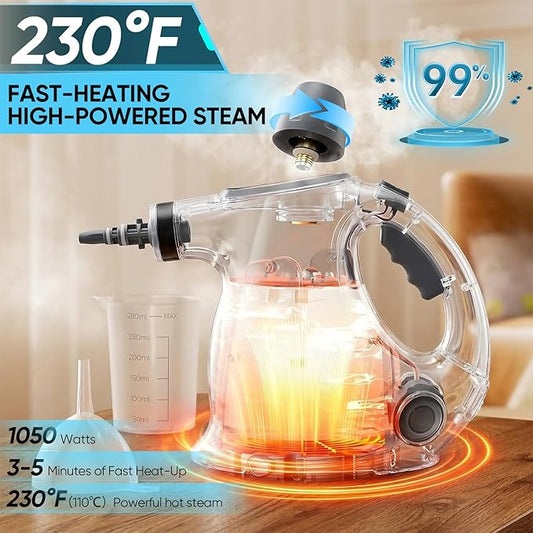 Steam Cleaner, Handheld Pressurized Steamer, 1050W 230°F Fast Heating with 9 Accessories, Multi-Surface Steam Cleaner for Home, Car, Tile & Grout, Windows, Upholstery (5 Towel Sleeve)