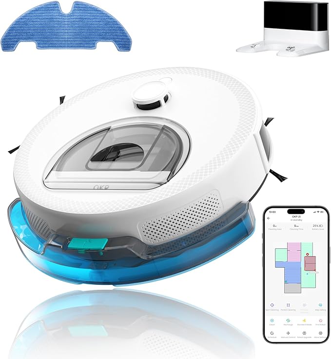 OKP Robot Vacuum and mop Combo L6 Aqua,LiDAR Navigation, 3.7 inch Super Thin,150 Mins,6000Pa Powerful Suction, Quiet, Self-Charging Robotic Vacuum Cleaner, 2.4G&5G WiFi,Cleans Hard Floors to Carpets
