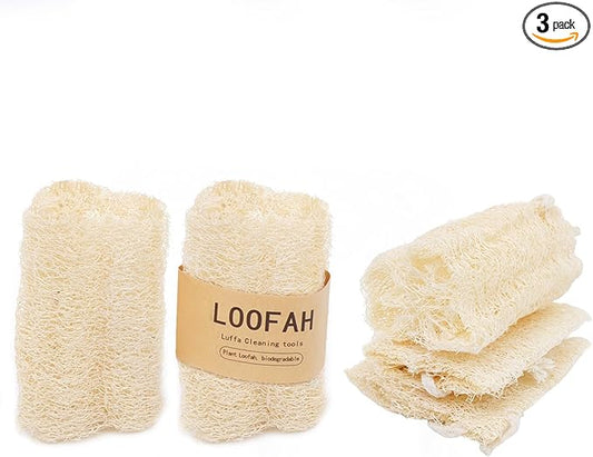 Natural Loofah Sponge for Shower & Dish Cleaning - 100% Plant-Based, Biodegradable Exfoliating Body & Kitchen Scrubber for Women/Men, 3-Pack, Travel-Friendly