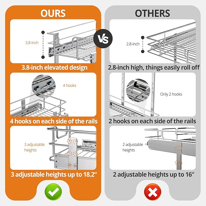ZOINLIY Pull Out Cabinet Organizer, Versatile Slide Out Kitchen Organizers and Storage,Heavy Duty Drawer Cupboard Storage Basket, Smooth Sliding, Chrome Finish (2-Tiers-14¼''W×22“D)
