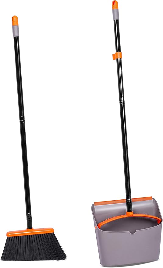 BirdRock Home Broom and Dustpan Set - Lobby Dust Pan - Orange and Grey Durable Set - Indoor or Outdoor - Sweep Combo Great for Kitchen, Home, Garage and Office - Clip On Self Cleaning Bristles