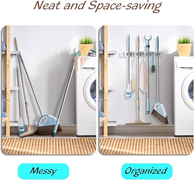 White Mop Broom Holder Wall Mount with 4 Slots & 4 Hooks - Wood Broom Mop Hanger for Pantry Closet Laundry Room Organization - Heavy Duty Garden Tool Organizer - White Kitchen Decor