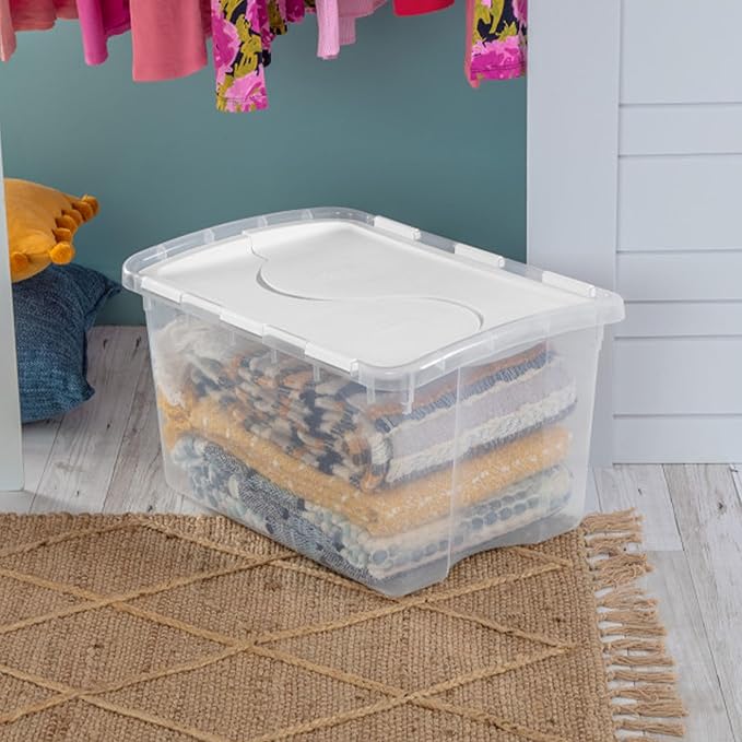 Sterilite 48 Qt Hinged Lid Storage Box, Stackable Bin with Lid, Plastic Container to Organize Home, Office, Basement, Clear with White Lid, 18-Pack