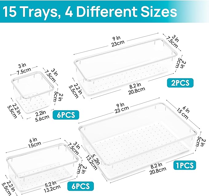 Vtopmart 15 PCS Clear Plastic Drawer Organizers Set, 4-Size Versatile Bathroom and Vanity Organizer Trays, Non-Slip Storage Containers for Makeup, Jewelries, Bedroom，Kitchen Utensils and Office
