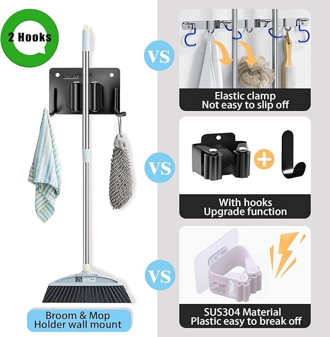 Mop and Broom Holder Wall Mount Stainless Steel 304 Tool Garage Organization Rack Screw and Self Adhesive Broom Hanger Heavy Duty 4pcs (Double Hooks Big Size，4pcs Black), TBJ001