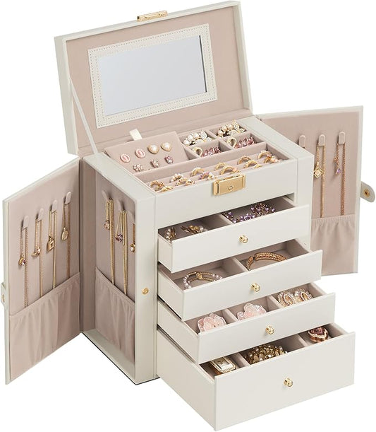 SONGMICS 5-Layer Jewelry Box Organizer with 4 Drawers, Jewelry Storage Case with Lock and Mirror, Large Storage Capacity, Gift for Loved Ones, for Necklaces, Watches, Cream White UJBC153WD01S