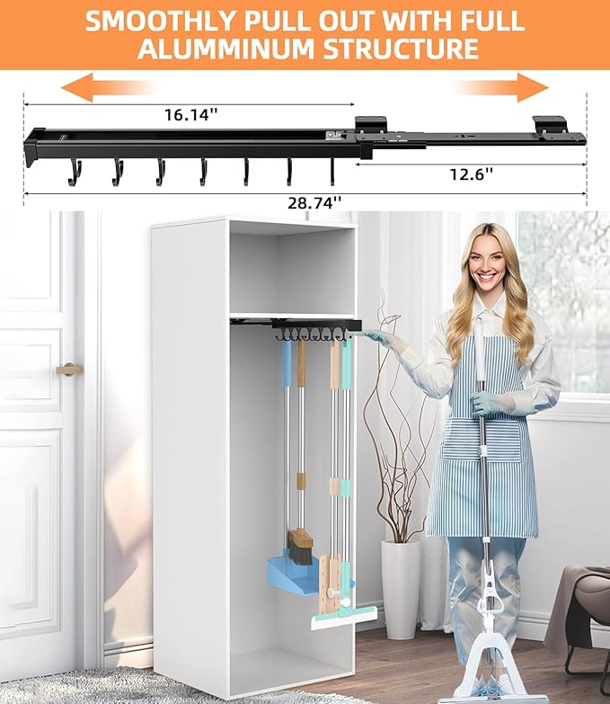 Pull Out Broom Holder With Adjustable Double Row Sliding Hook, Multifunctional Slide Broom And Mop Storage/Organizer Garage Organization Hooks, for Closet Laundry Garage Kitchen - 16.14inch