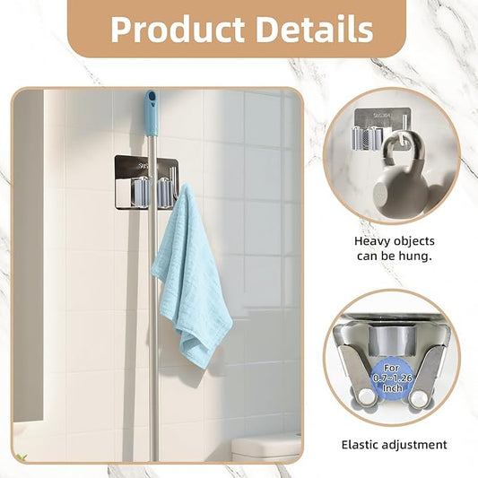 Mop and Broom Rack, Used for Hanging and organizing Tube-Shaped Tools Such as mops and Brooms, with Hooks, Elegantly Releasing Space, Suitable for bathrooms, Kitchens, Offices, etc (Black)