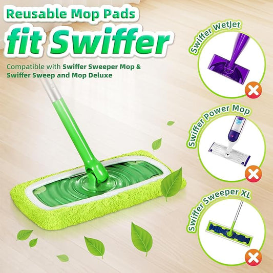 Reusable Mop Pads fit Swiffer Sweeper Mop - Microfiber Wet Pads Refill & Machine Washable Dry Sweeping Cloths for Mopping All Sealed Floors - Hardwood, Laminate, Tile & Stone (Mop is not Included)