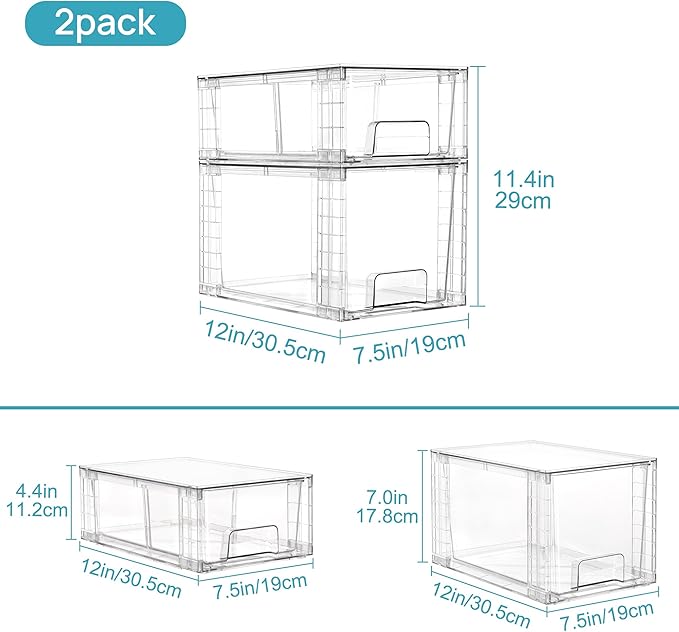Vtopmart 4 Pack Clear Stackable Storage Drawers,Under Sink and Kitchen Organizers Storage,Easy to Assemble Plastic Drawers for Baby Bottle,Medicine, Bathroom,Cabinet and Pantry Organization