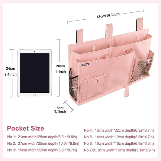 Surblue Bedside Caddy Hanging Bed Organizer Storage Bag Pocket for Bunk and Hospital Beds, College Dorm Rooms Baby Bed Rails, Camp 8 Pockets, (Large, Light Pink)
