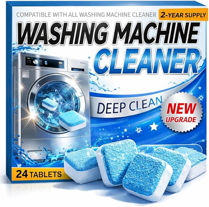 Washing Machine Cleaner Tablets (24 Pack) – Deep Cleaning & Descaling Tablets for HE, Front Load & Top Load Washer, Removes Odor, Residue & Hard Water Buildup (2-Year Supply)