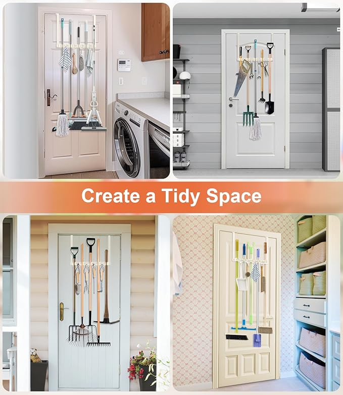 Broom Holder Over The Door Drilling Free Mop and Broom Holder with 4 Over Door Hook, Metal Mop and broom hanger Wall Mount Broom Storage Tool Organizer for Laundry Room Garage Bathroom - light beige