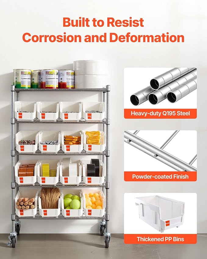 VEVOR 5-Tier Rolling Bin Storage Rack, 16 Organizer Bins, Bin Rack Storage Steel Wire Shelving System with Wheels, Mobile Tool Organizer for Garage, Warehouse, Office, Restaurant, Classroom, Kitchen