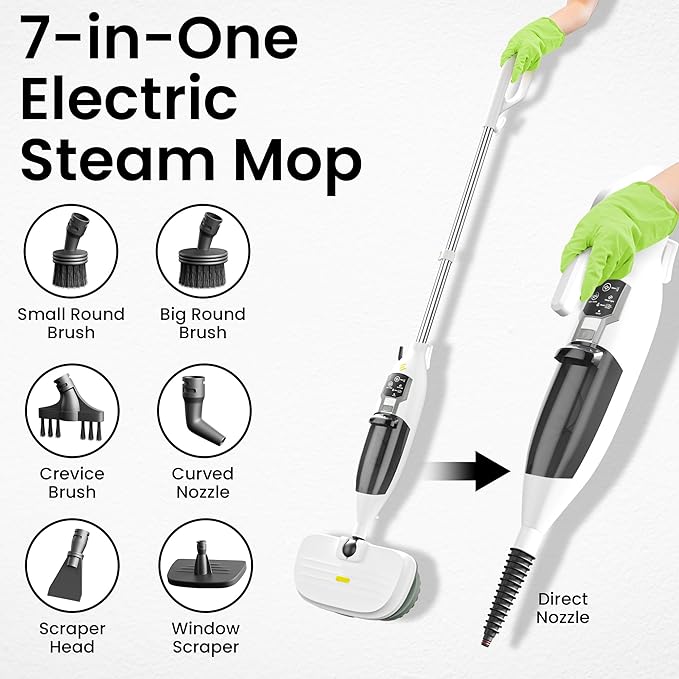 Electric Steam Mop – 15-in-1 Detachable Floor Scrubber with 3 Steam Modes – Electric Mop for Hardwood Floors, Kitchen Hoods & Worktops Cleaning