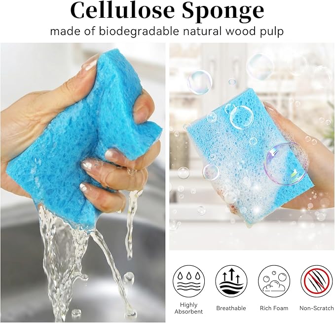 6 Pcs Kitchen Sponges for Dishes Cleaning, Non Scratch for Non Stick Cookware, Compressed Natural Cellulose Sponges, Dish Washing Scrubbers, Scrubbing Pads for Household, Bathroom (Blue)