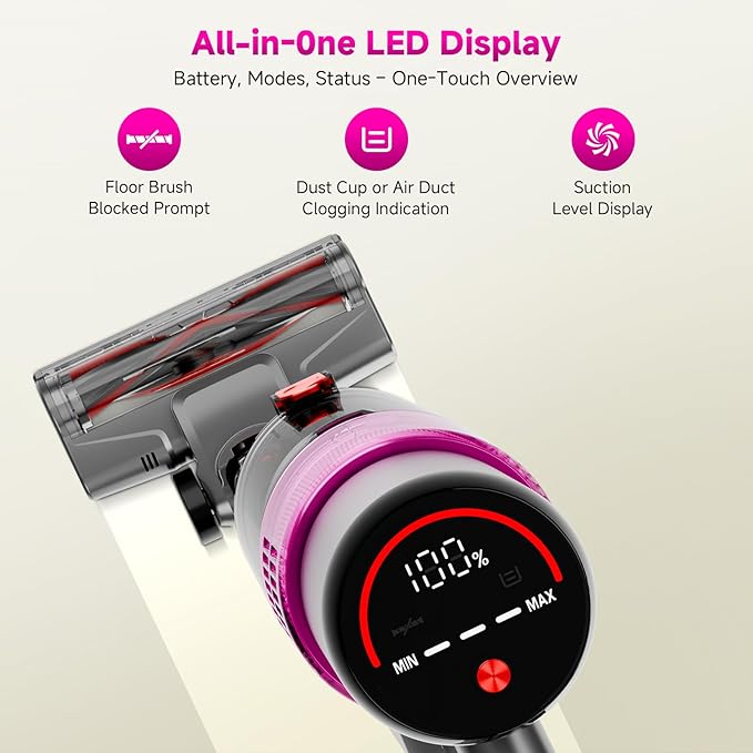 Cordless Vacuum Cleaner, 550W/45KPA Powerful Suction Cordless Stick Vacuum Cleaners for Home, Anti-Tangle Brush, Lightweight, 6-in-1 Rechargeable Vacuum for Pet Hair/Carpet/Hard Floor(Purple)